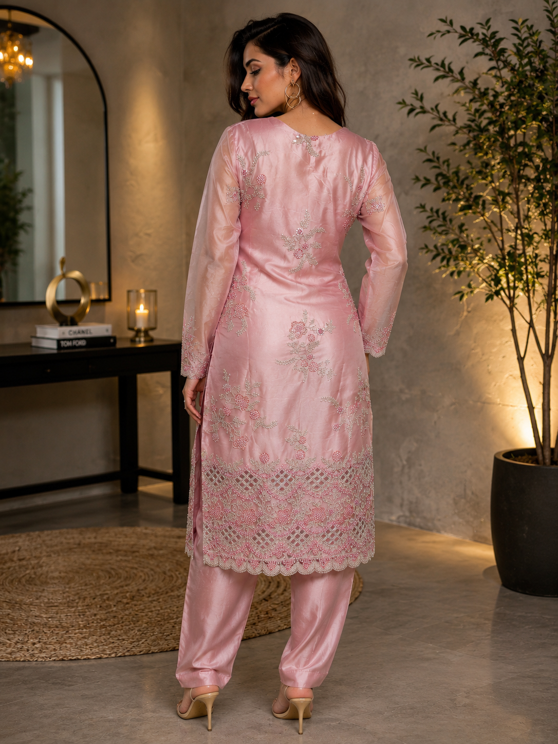 Elegant Pink Embroidered Pakistani 3-Piece Suit with Chiffon Dupatta