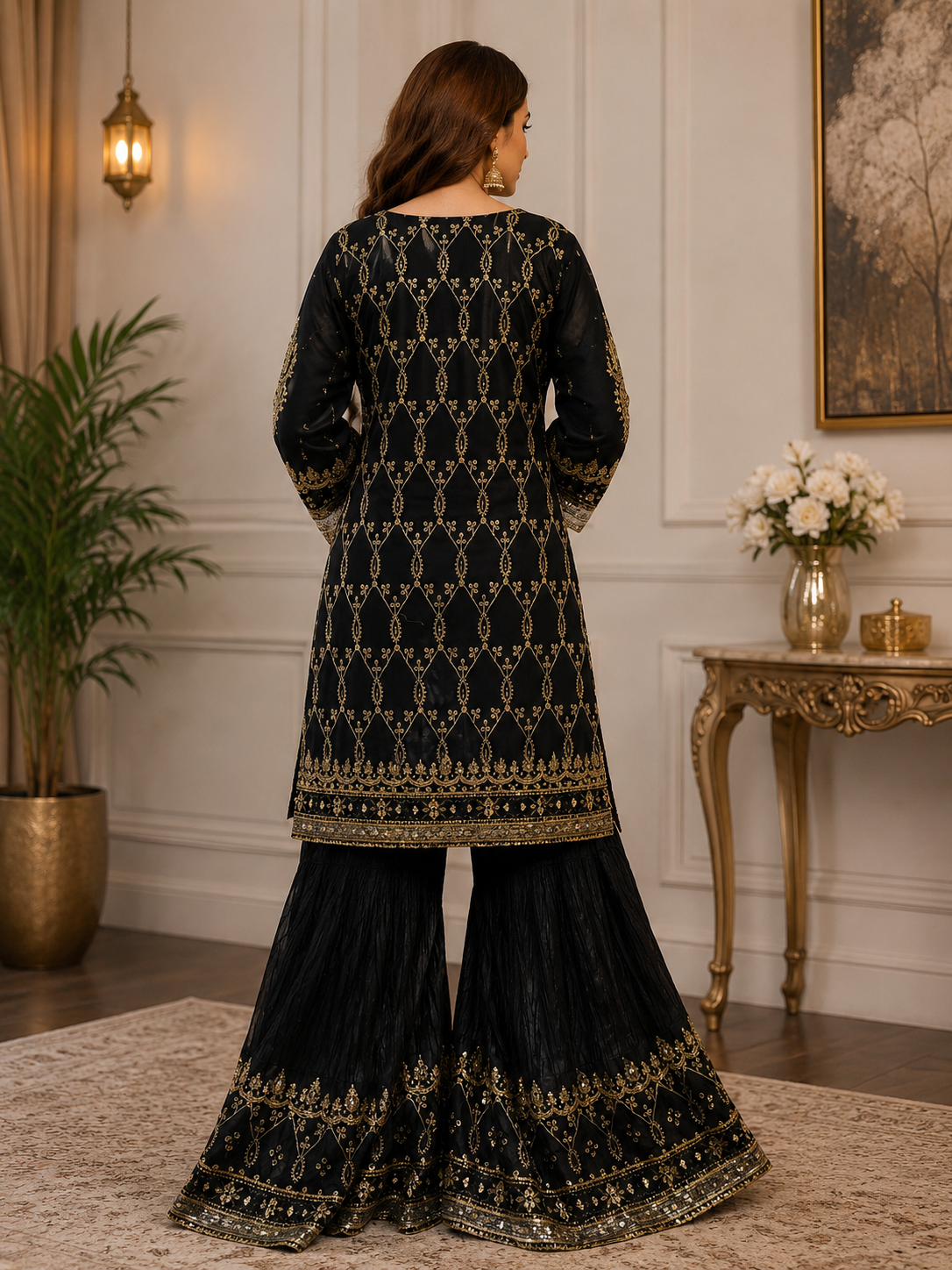 Black & Gold Embroidered Sharara 3-Piece Suit