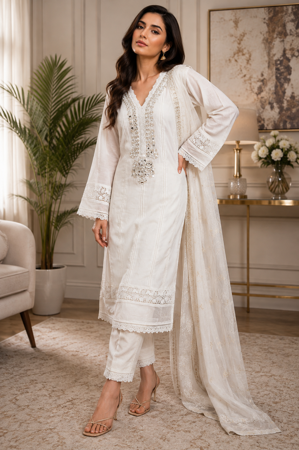 Elegant White Embroidered 3-Piece Suit