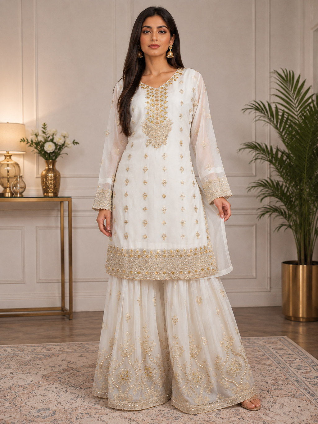 Elegant White & Gold Embroidered Sharara 3-Piece Suit with Chiffon Dupatta