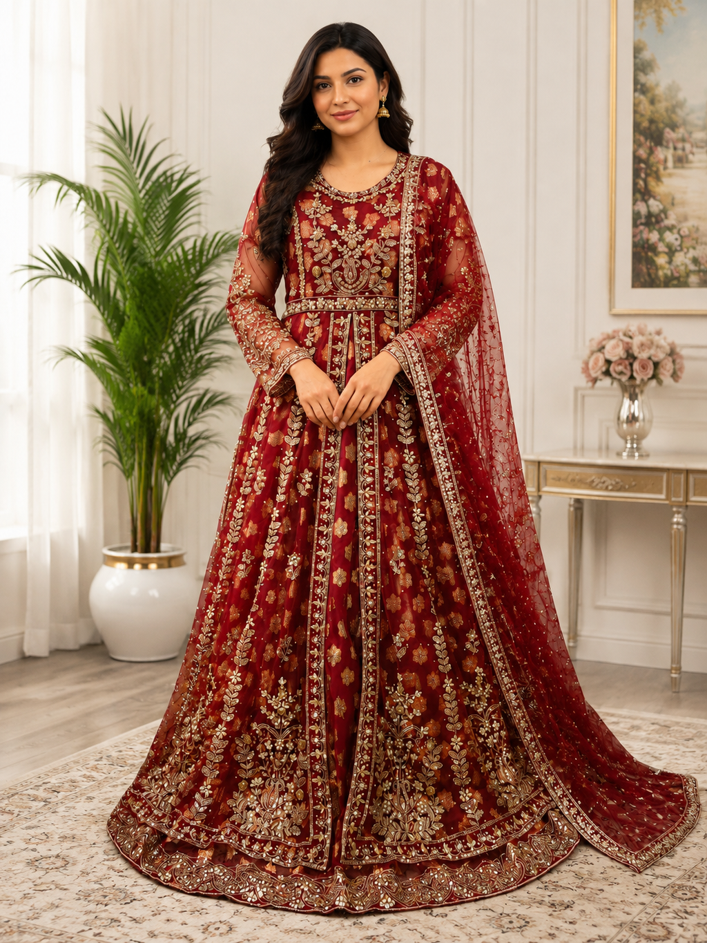 Maroon & Gold Embroidered Maxi 3-Piece Suit