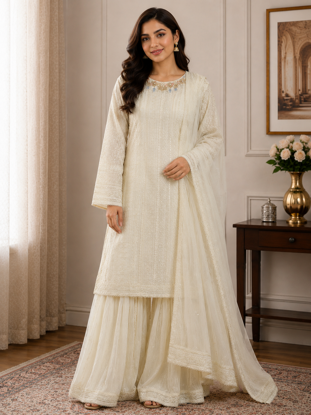 Elegant Ivory Embroidered Sharara 3-Piece Suit