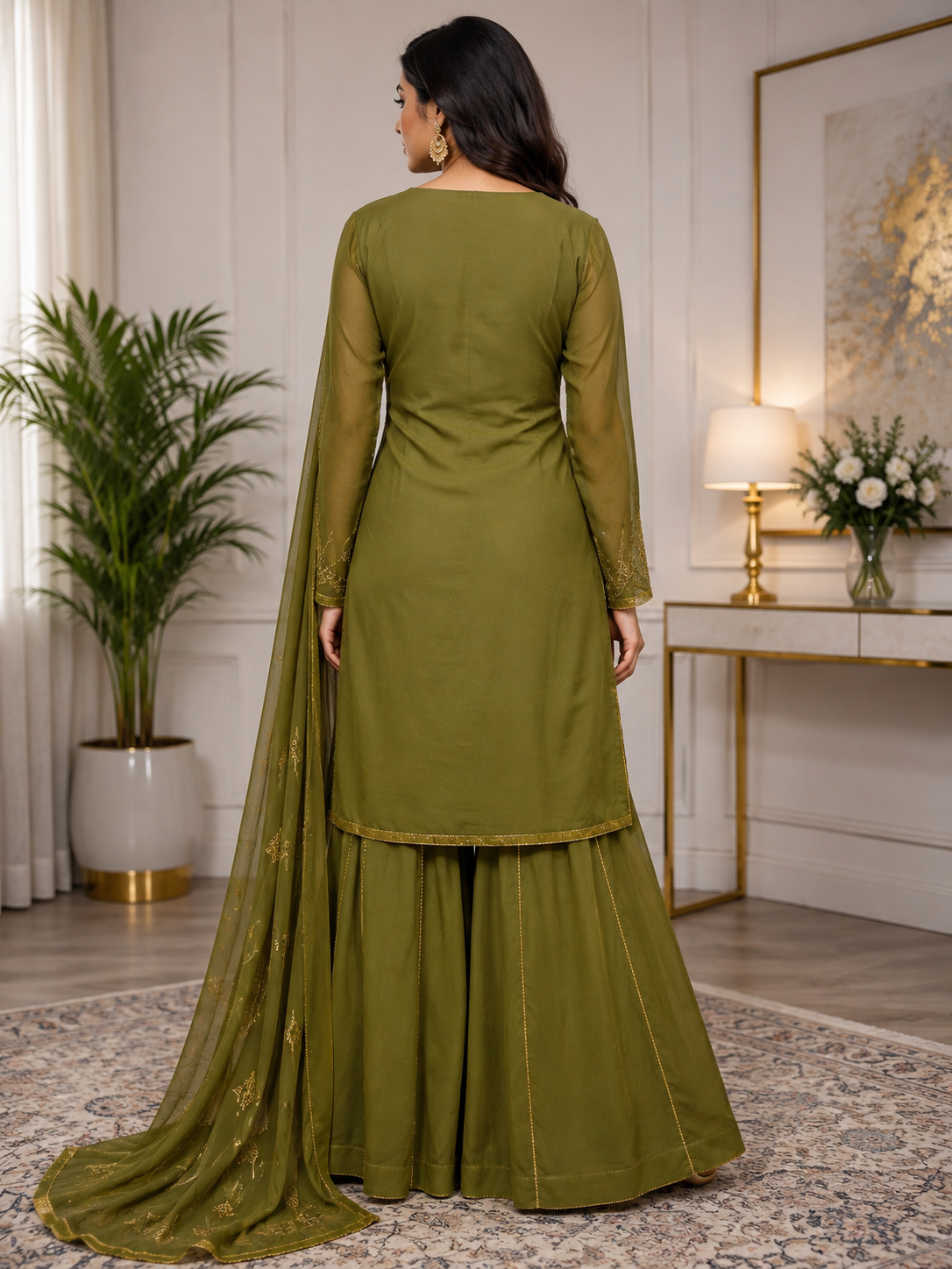 Olive Green Embroidered Sharara 3-Piece Suit with Chiffon Dupatta