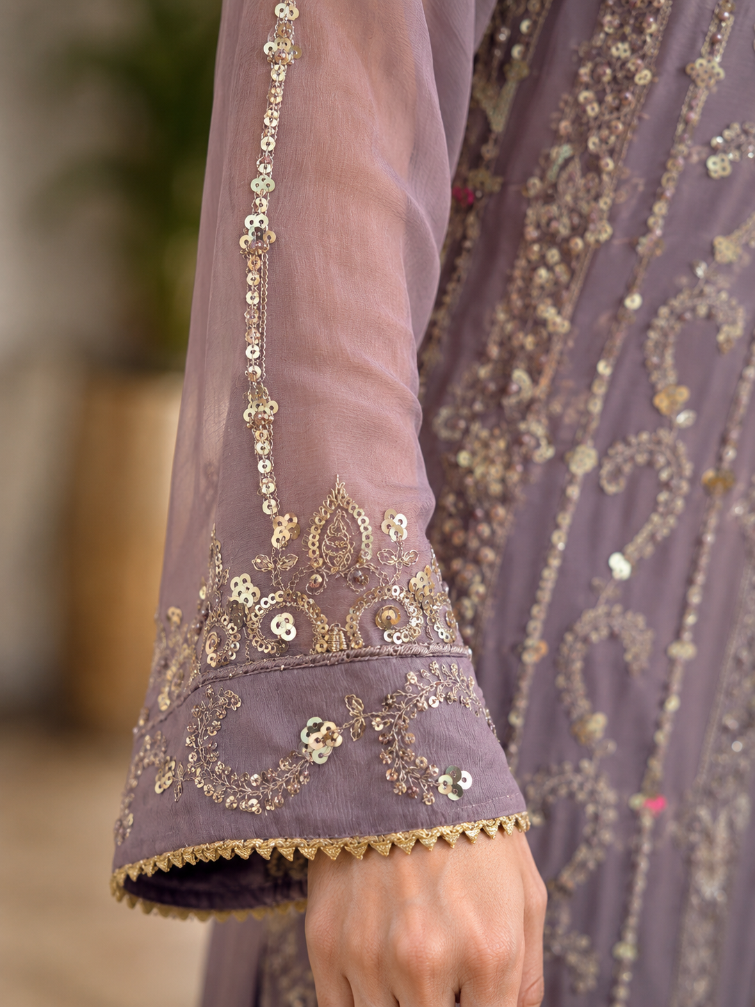 Elegant Mauve Embroidered Chiffon 3-Piece Suit
