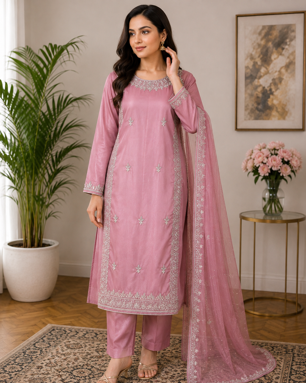 Elegant Pink Embroidered 3-Piece Suit
