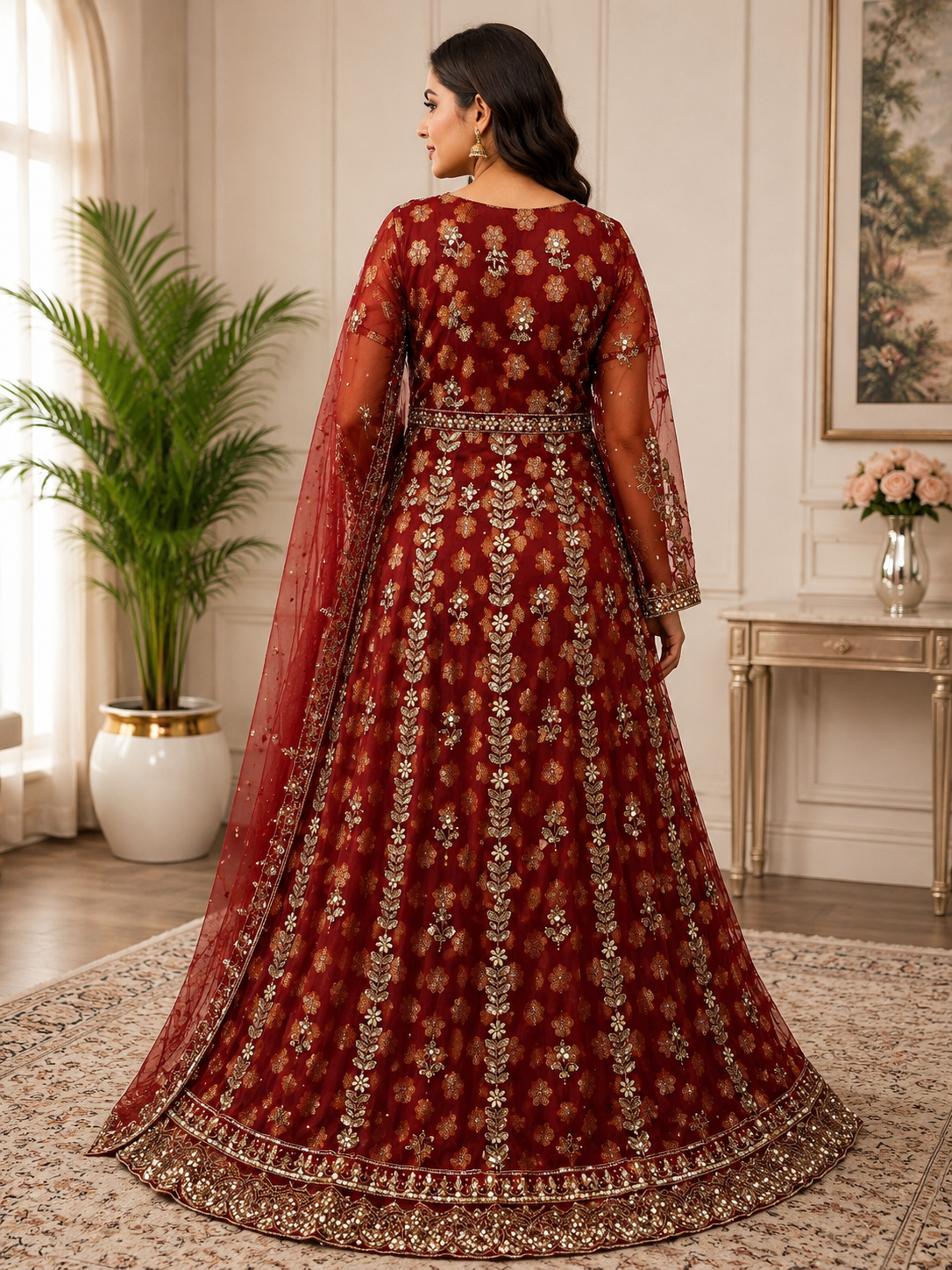 Maroon & Gold Embroidered Maxi 3-Piece Suit