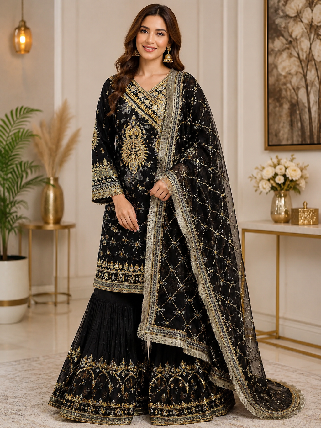 Black & Gold Embroidered Sharara 3-Piece Suit