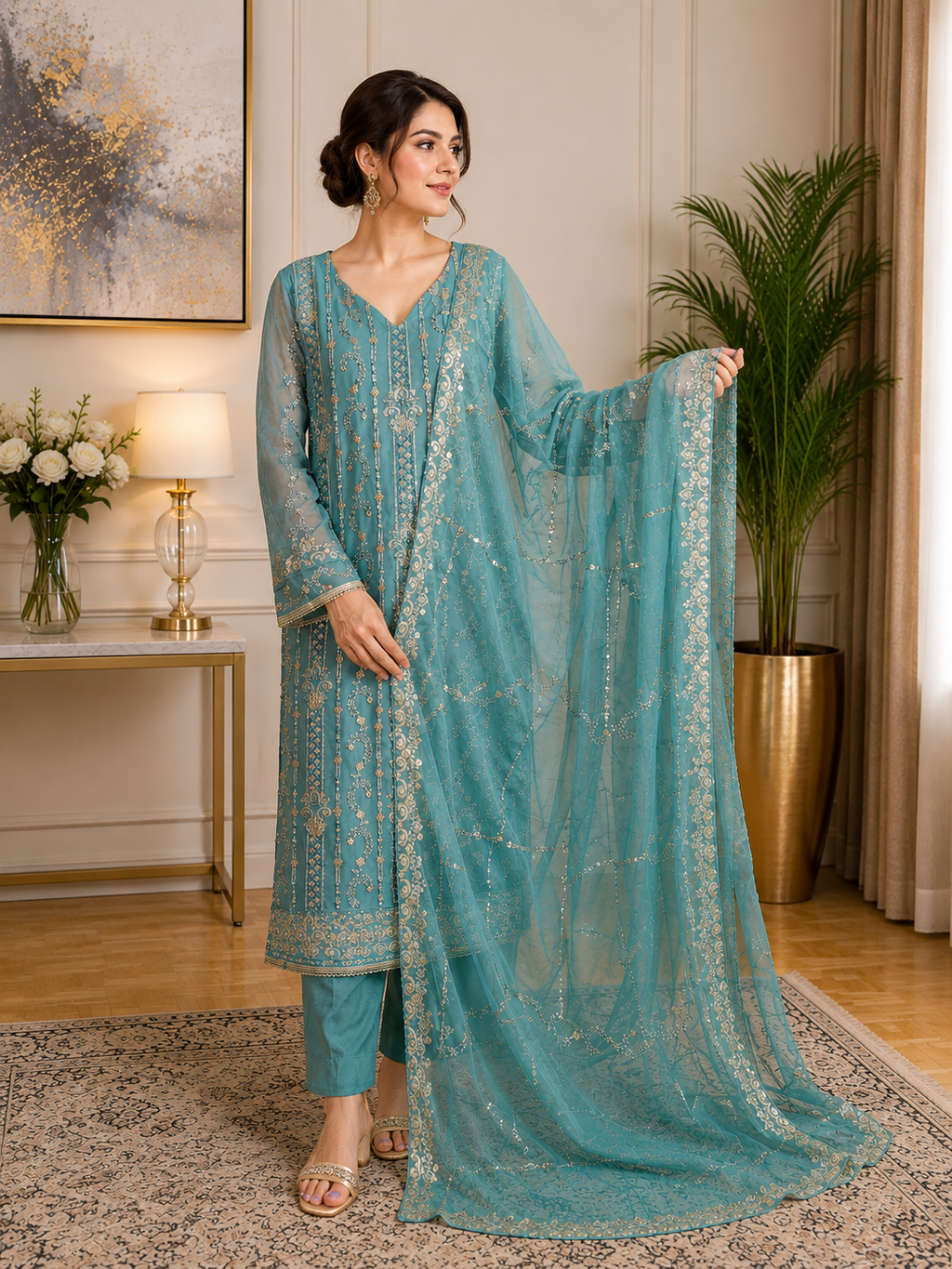 Embroidered Chiffon 3-Piece Suit – Elegant Teal Blue Party Wear