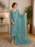 Embroidered Chiffon 3-Piece Suit – Elegant Teal Blue Party Wear