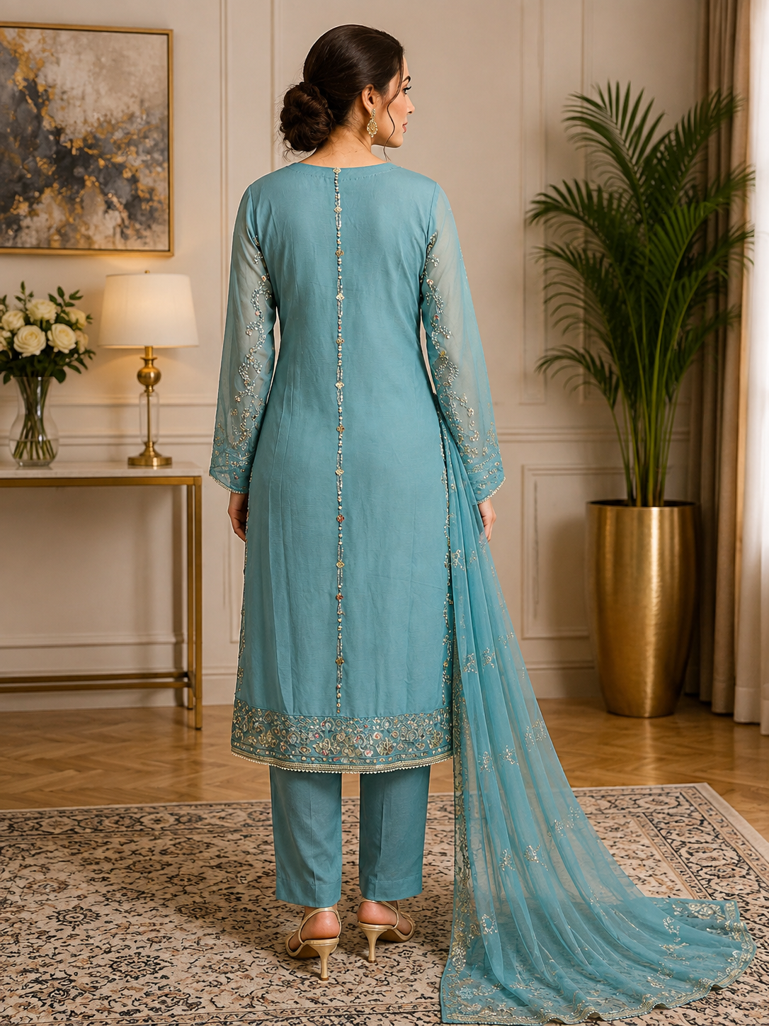 Embroidered Chiffon 3-Piece Suit – Elegant Teal Blue Party Wear