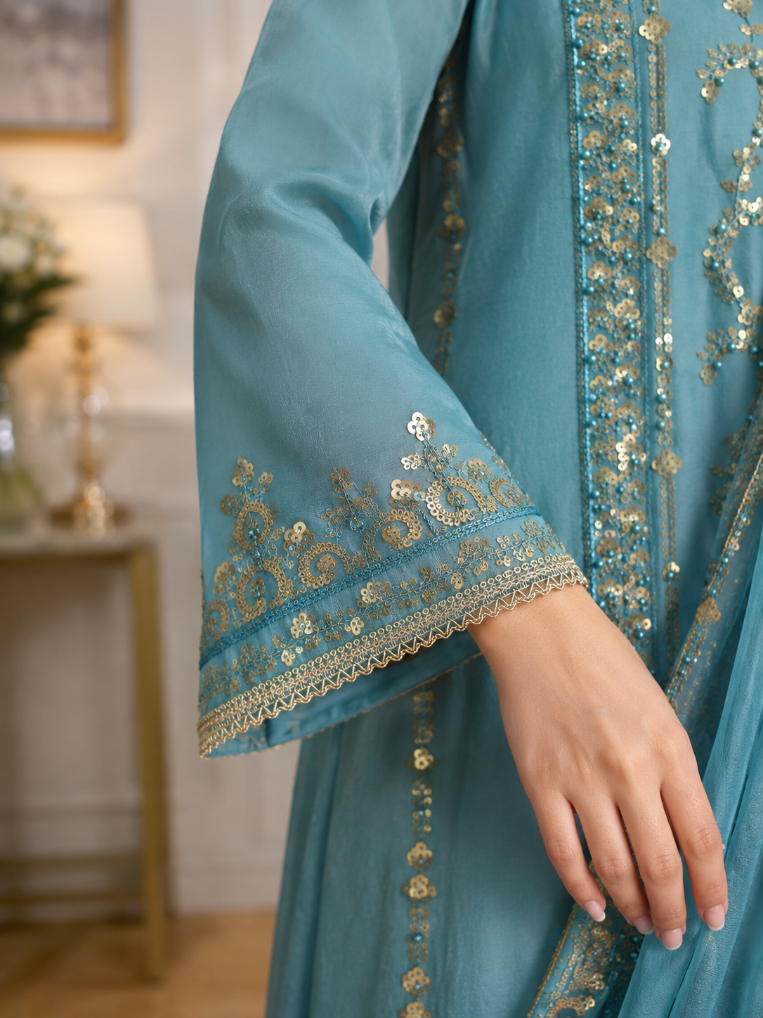 Embroidered Chiffon 3-Piece Suit – Elegant Teal Blue Party Wear