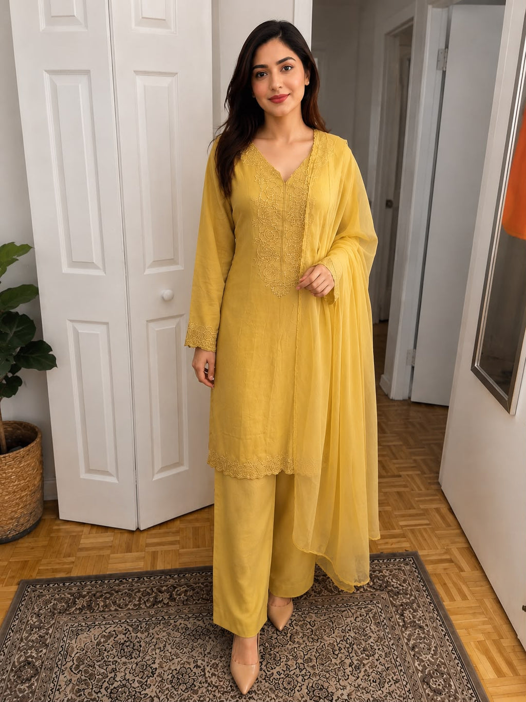 Mustard Yellow Embroidered 3-Piece Suit with Chiffon Dupatta