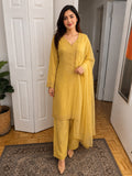 Mustard Yellow Embroidered 3-Piece Suit with Chiffon Dupatta