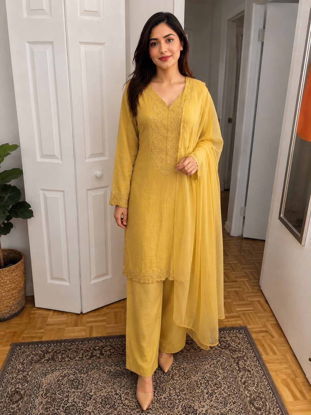 Mustard Yellow Embroidered 3-Piece Suit with Chiffon Dupatta