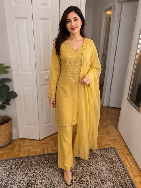 Mustard Yellow Embroidered 3-Piece Suit with Chiffon Dupatta