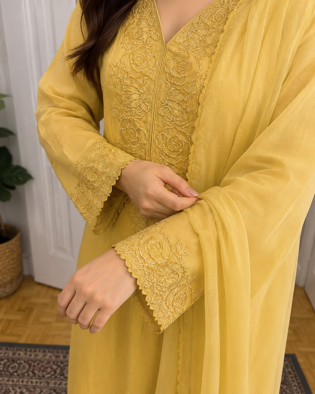 Mustard Yellow Embroidered 3-Piece Suit with Chiffon Dupatta