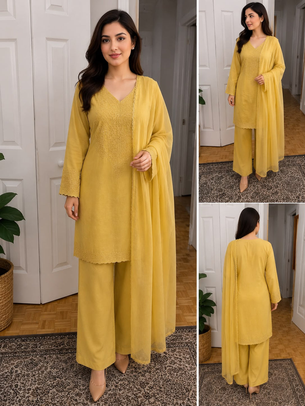 Mustard Yellow Embroidered 3-Piece Suit with Chiffon Dupatta