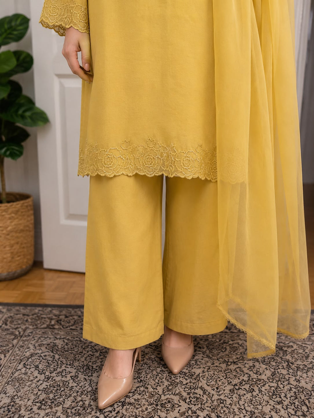 Mustard Yellow Embroidered 3-Piece Suit with Chiffon Dupatta
