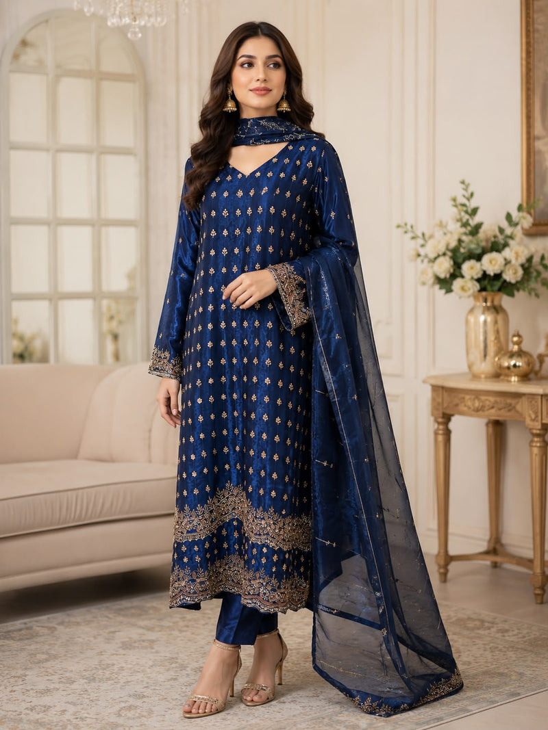 Luxury Hand-Embellished Cut Dana Formal Wear – Navy Blue 3-Piece Suit