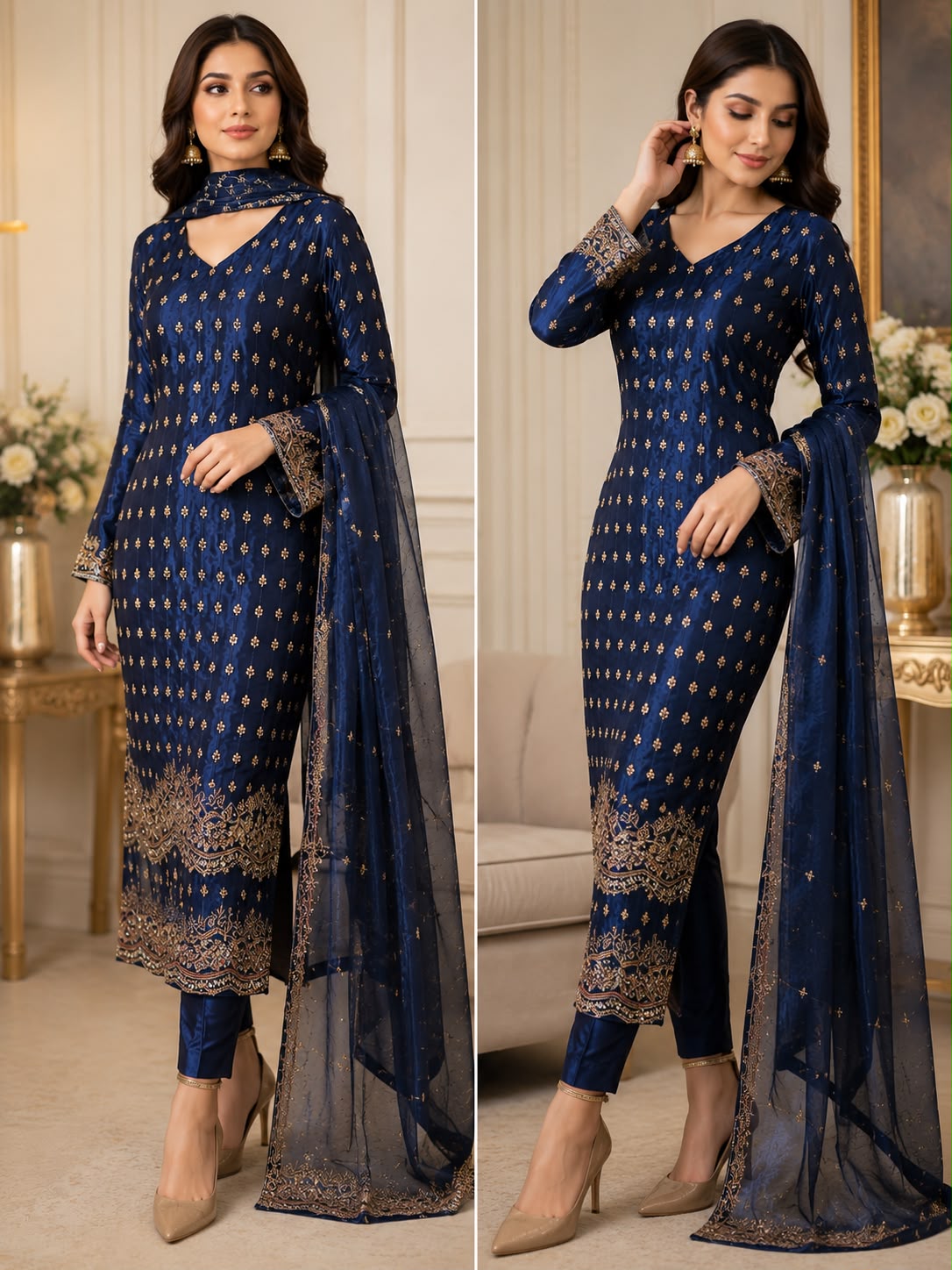 Luxury Hand-Embellished Cut Dana Formal Wear – Navy Blue 3-Piece Suit