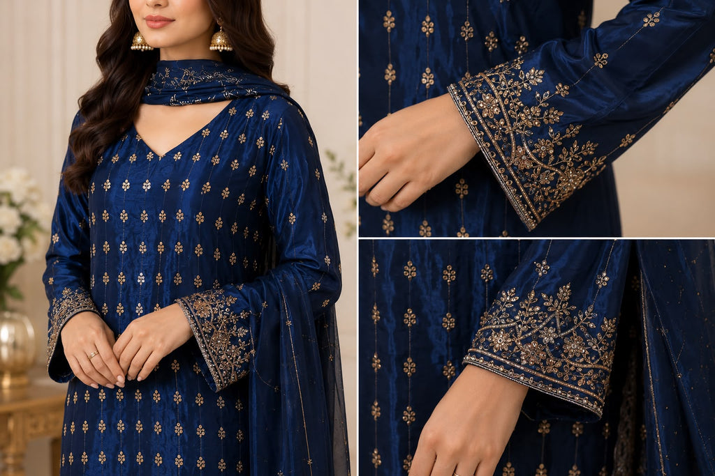 Luxury Hand-Embellished Cut Dana Formal Wear – Navy Blue 3-Piece Suit