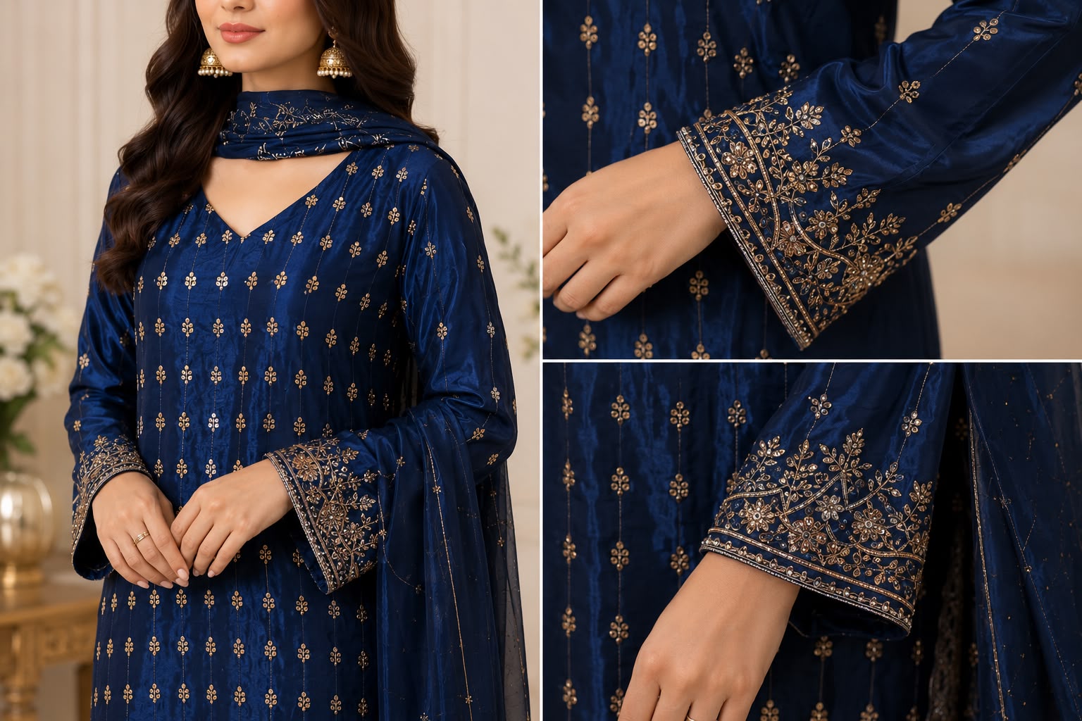 Luxury Hand-Embellished Cut Dana Formal Wear – Navy Blue 3-Piece Suit