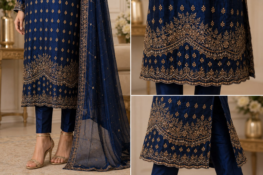 Luxury Hand-Embellished Cut Dana Formal Wear – Navy Blue 3-Piece Suit