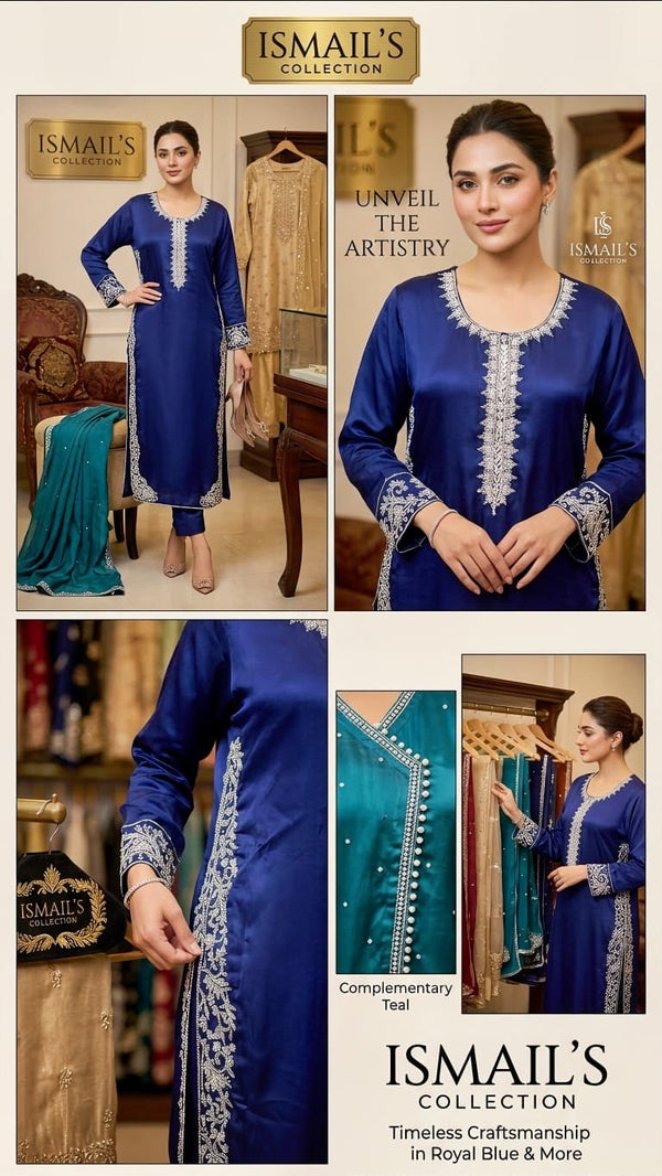 Royal Cobalt Heritage – Hand-Embellished Sheesha Silk Suit with Complementary Teal