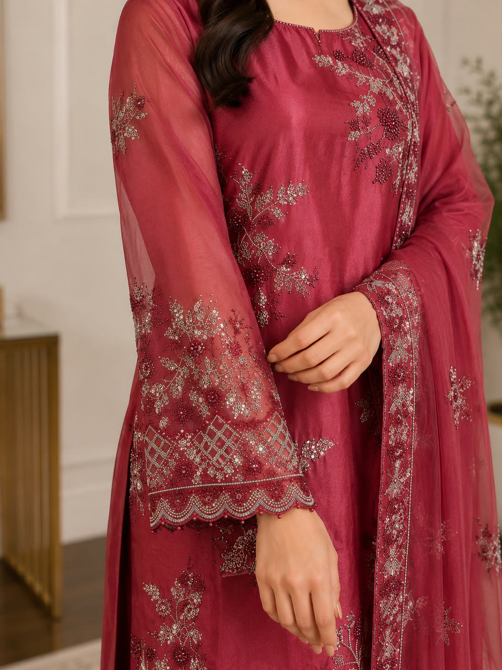 Luxury Cut Dana Embroidered 3-Piece Festive Suit – Maroon / Deep Rose Pink