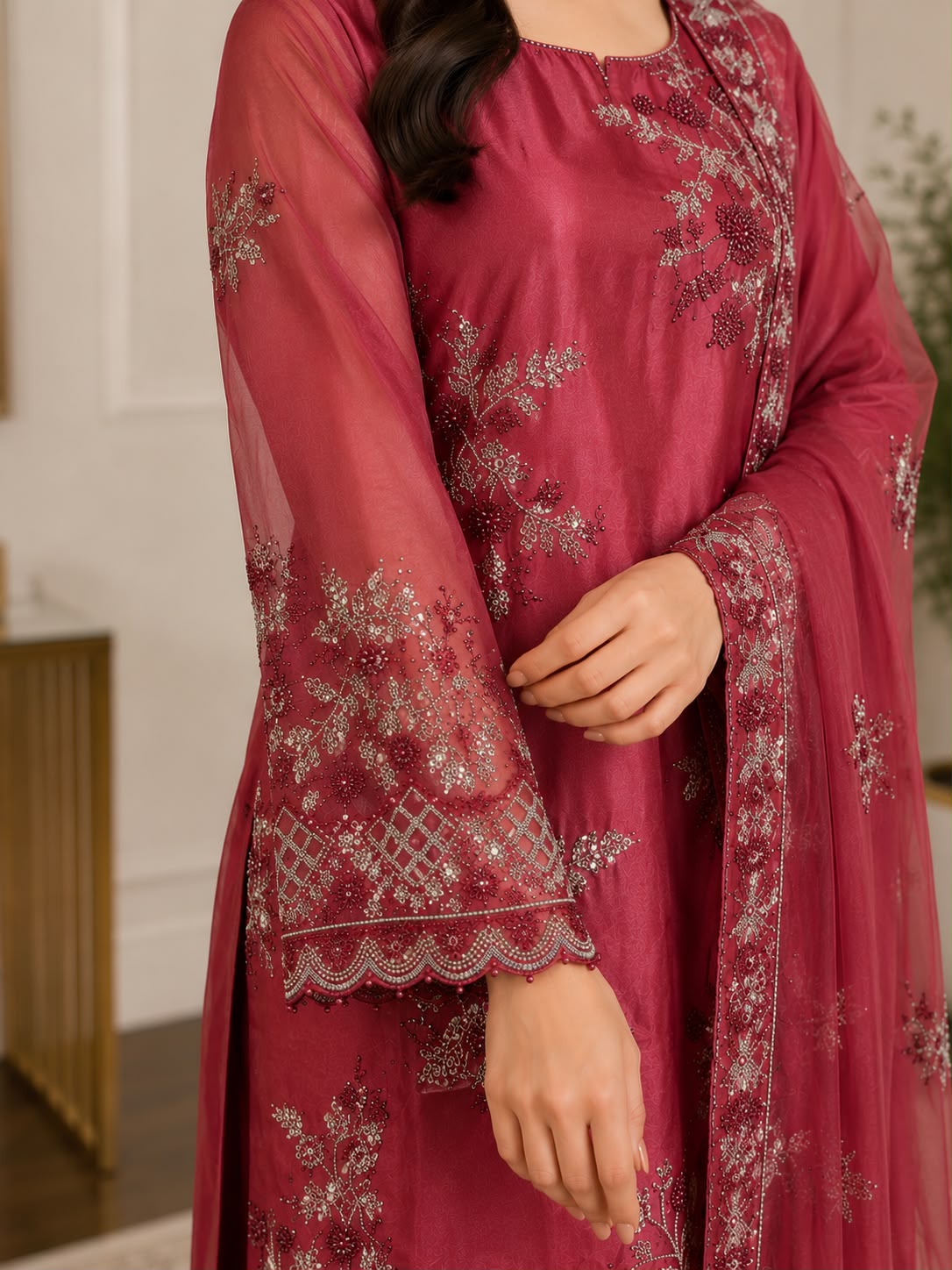 Luxury Cut Dana Embroidered 3-Piece Festive Suit – Maroon / Deep Rose Pink