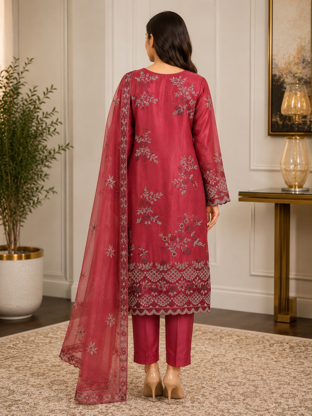 Luxury Cut Dana Embroidered 3-Piece Festive Suit – Maroon / Deep Rose Pink
