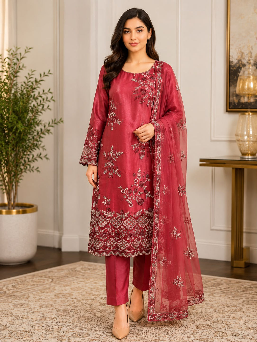 Luxury Cut Dana Embroidered 3-Piece Festive Suit – Maroon / Deep Rose Pink
