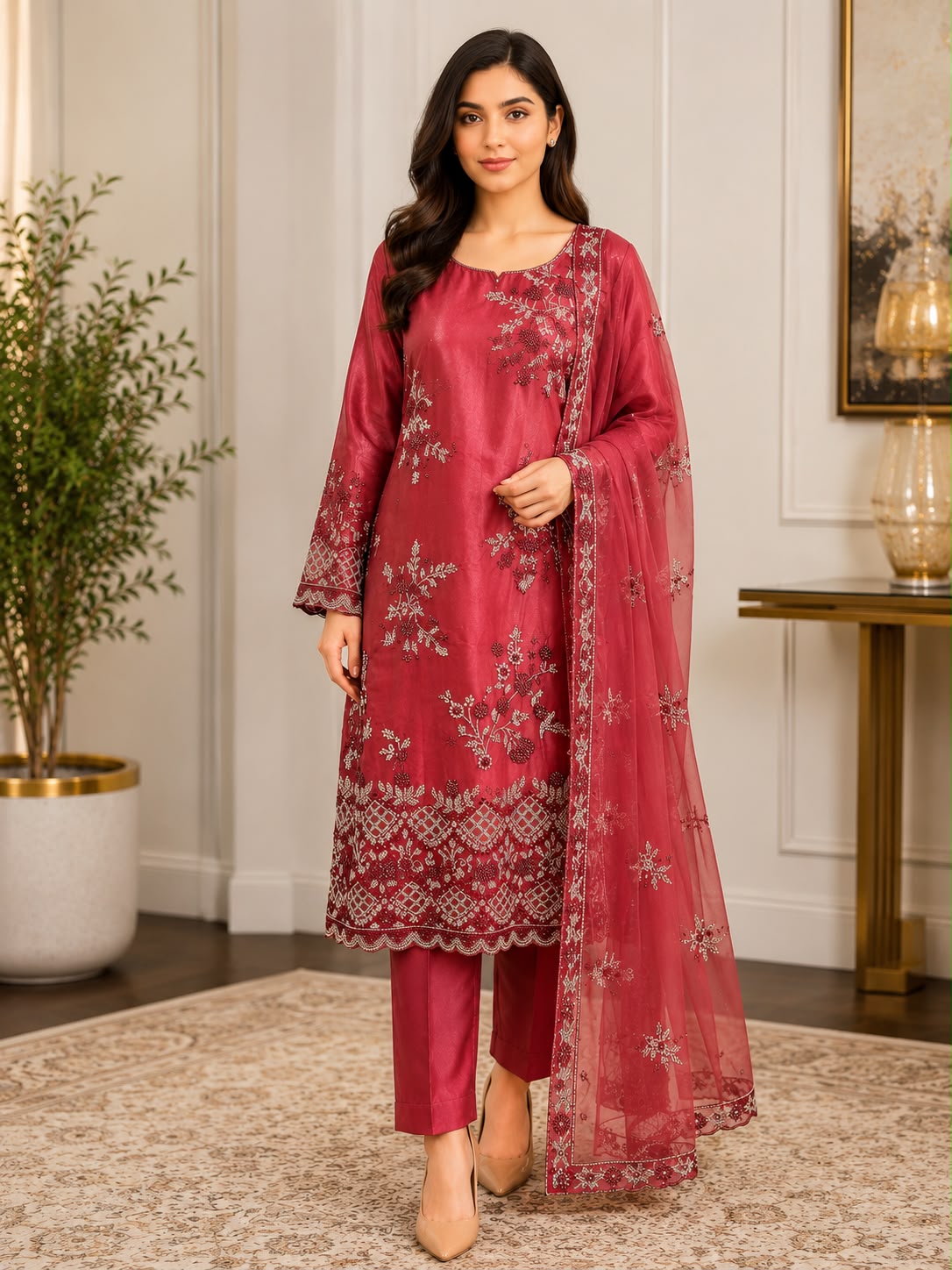Luxury Cut Dana Embroidered 3-Piece Festive Suit – Maroon / Deep Rose Pink