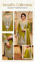Ismail’s Collection: Hand-Embroidered Olive Chiffon Ensemble with Intricate Silver Work
