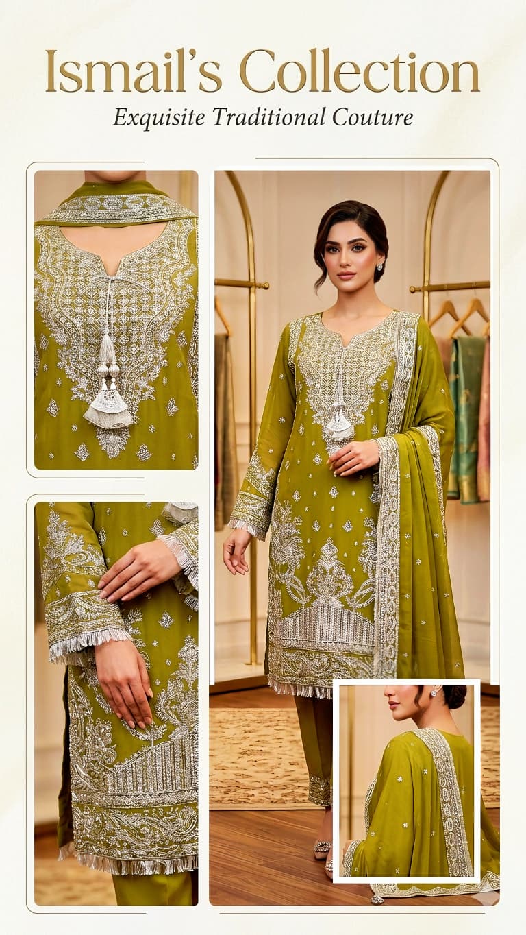 Ismail’s Collection: Hand-Embroidered Olive Chiffon Ensemble with Intricate Silver Work