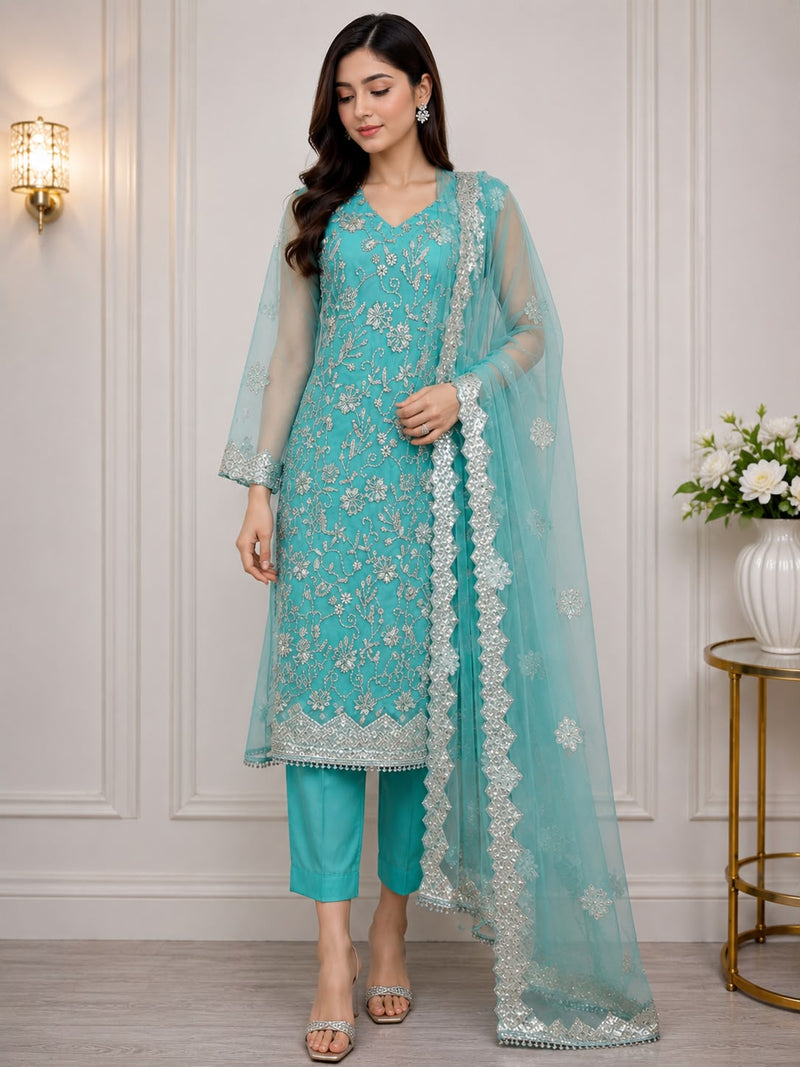 Sea Green Hand-Embellished Organza Formal Wear with Raw Silk Trouser