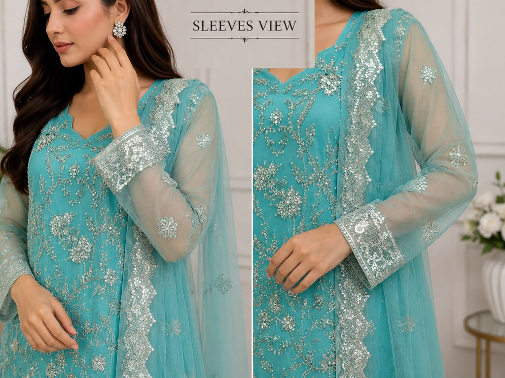 Sea Green Hand-Embellished Organza Formal Wear with Raw Silk Trouser