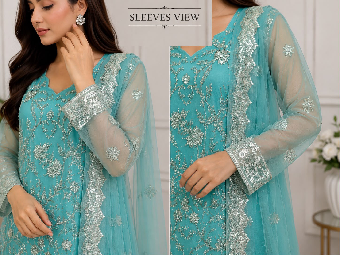 Sea Green Hand-Embellished Organza Formal Wear with Raw Silk Trouser