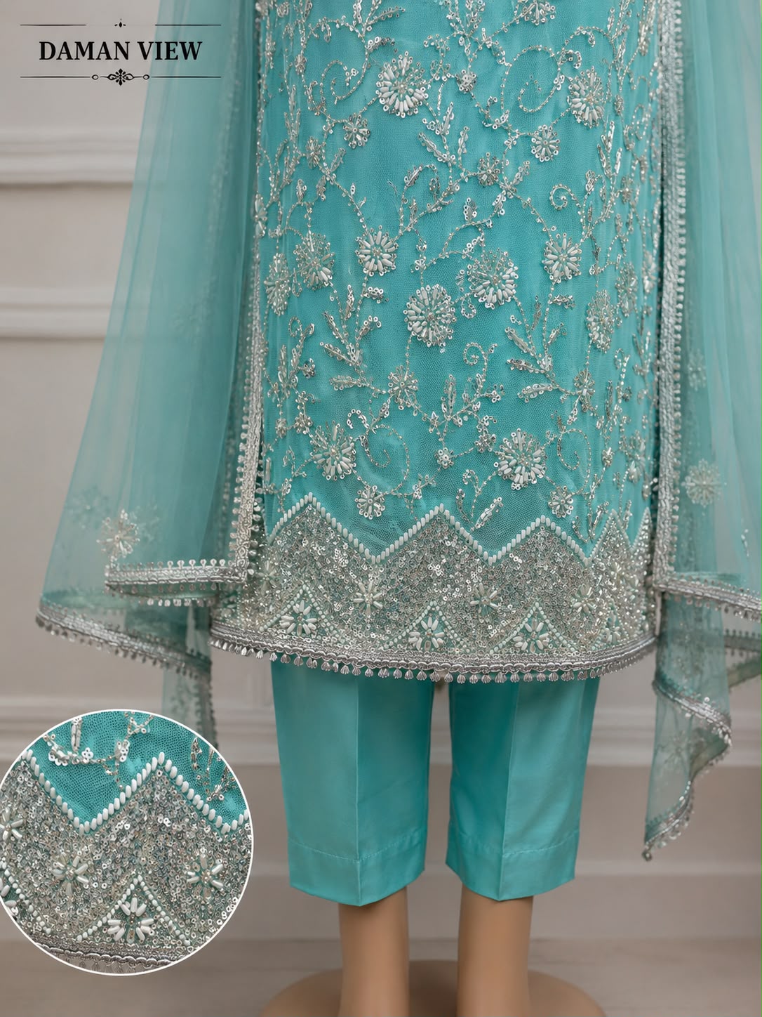 Sea Green Hand-Embellished Organza Formal Wear with Raw Silk Trouser