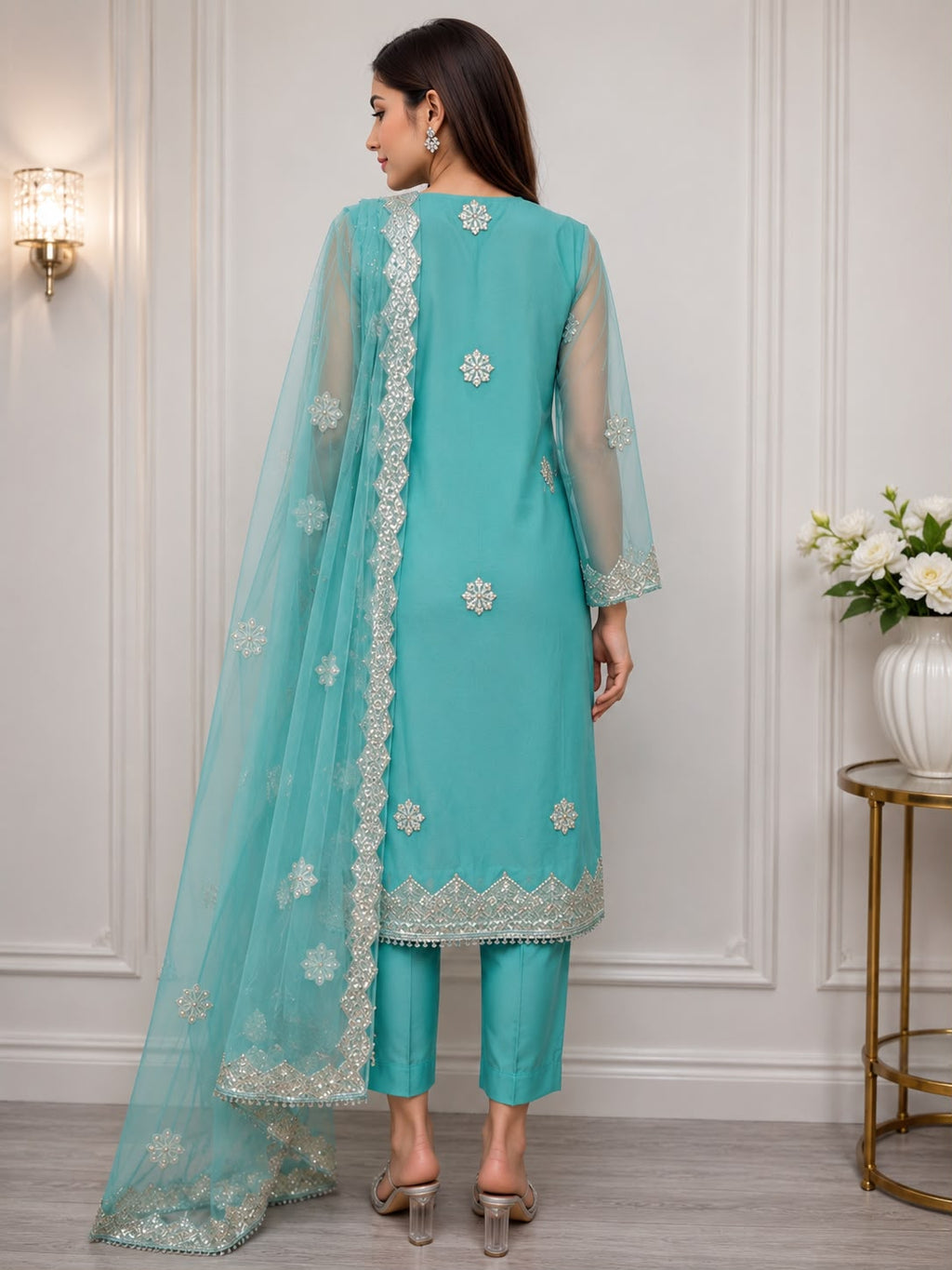 Sea Green Hand-Embellished Organza Formal Wear with Raw Silk Trouser