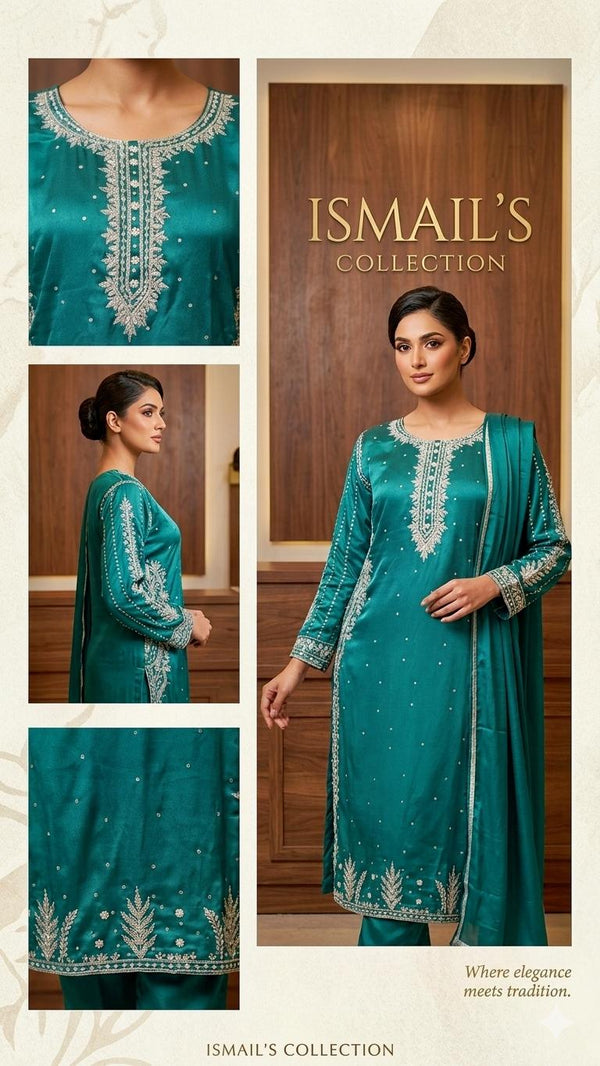 Caspian Teal Heritage – Premium Sheesha Silk Suit with Silver Zari Artistry