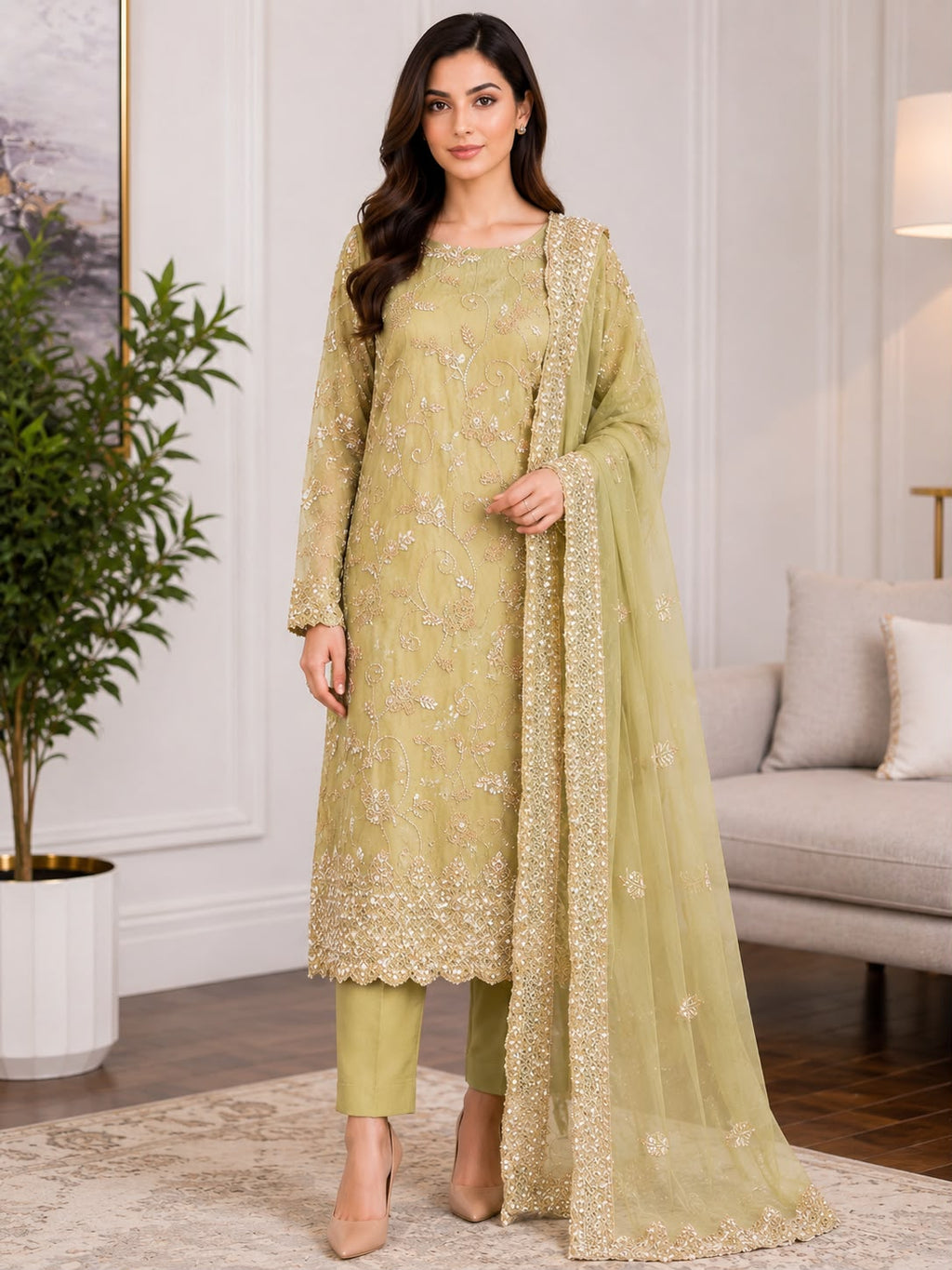 Luxury Hand-Embellished Cut Dana Festive Wear – Olive Gold 3-Piece Suit