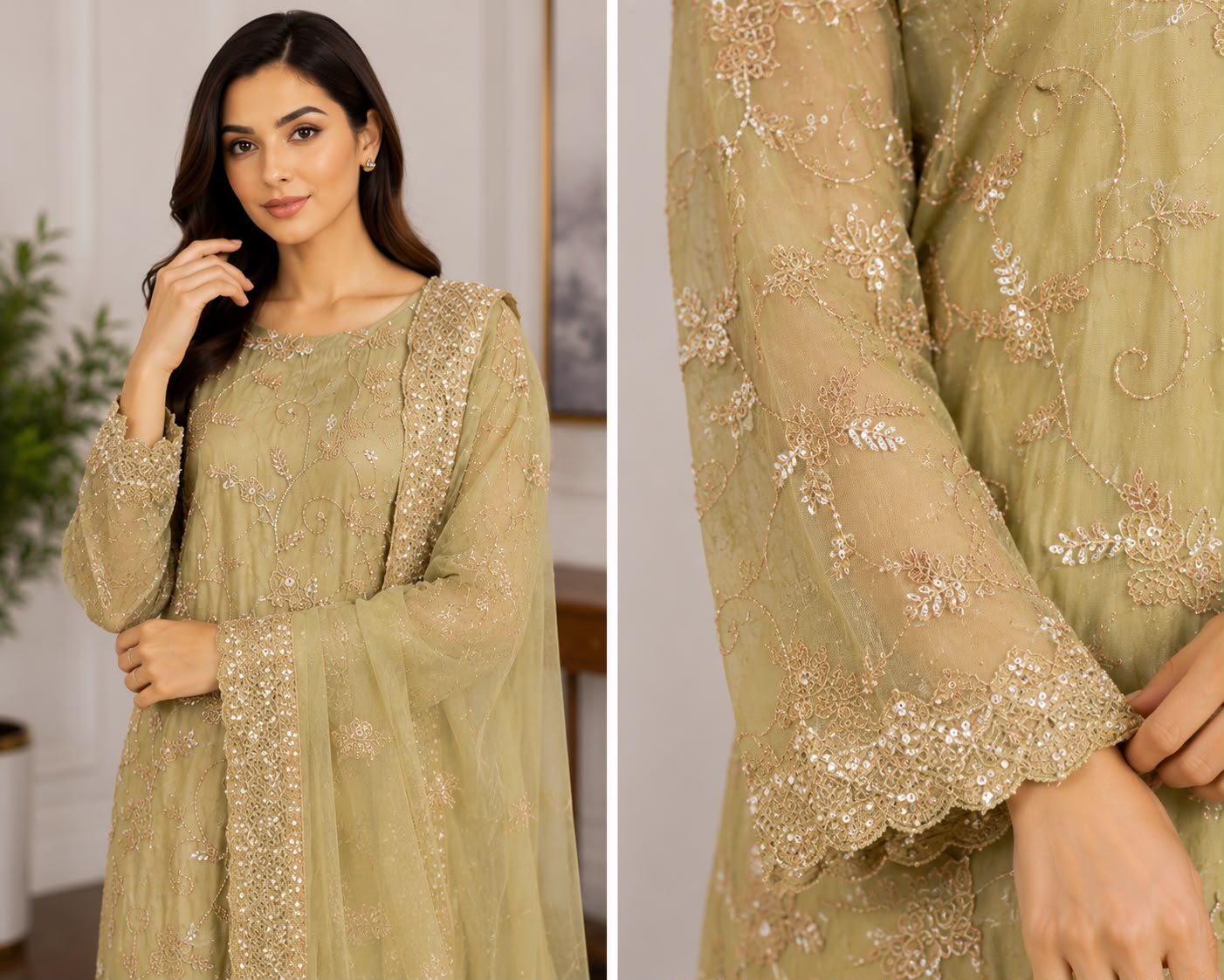 Luxury Hand-Embellished Cut Dana Festive Wear – Olive Gold 3-Piece Suit