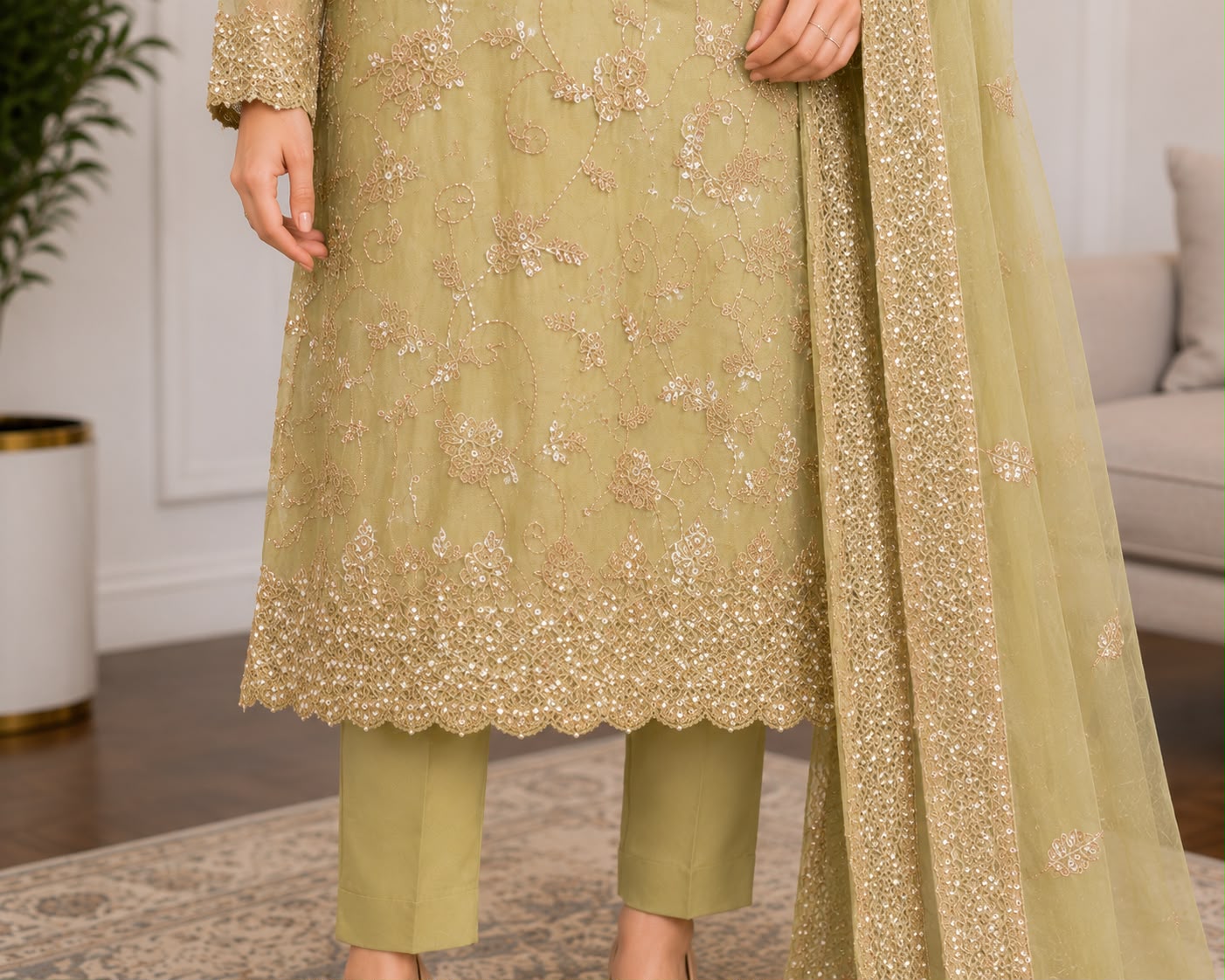 Luxury Hand-Embellished Cut Dana Festive Wear – Olive Gold 3-Piece Suit