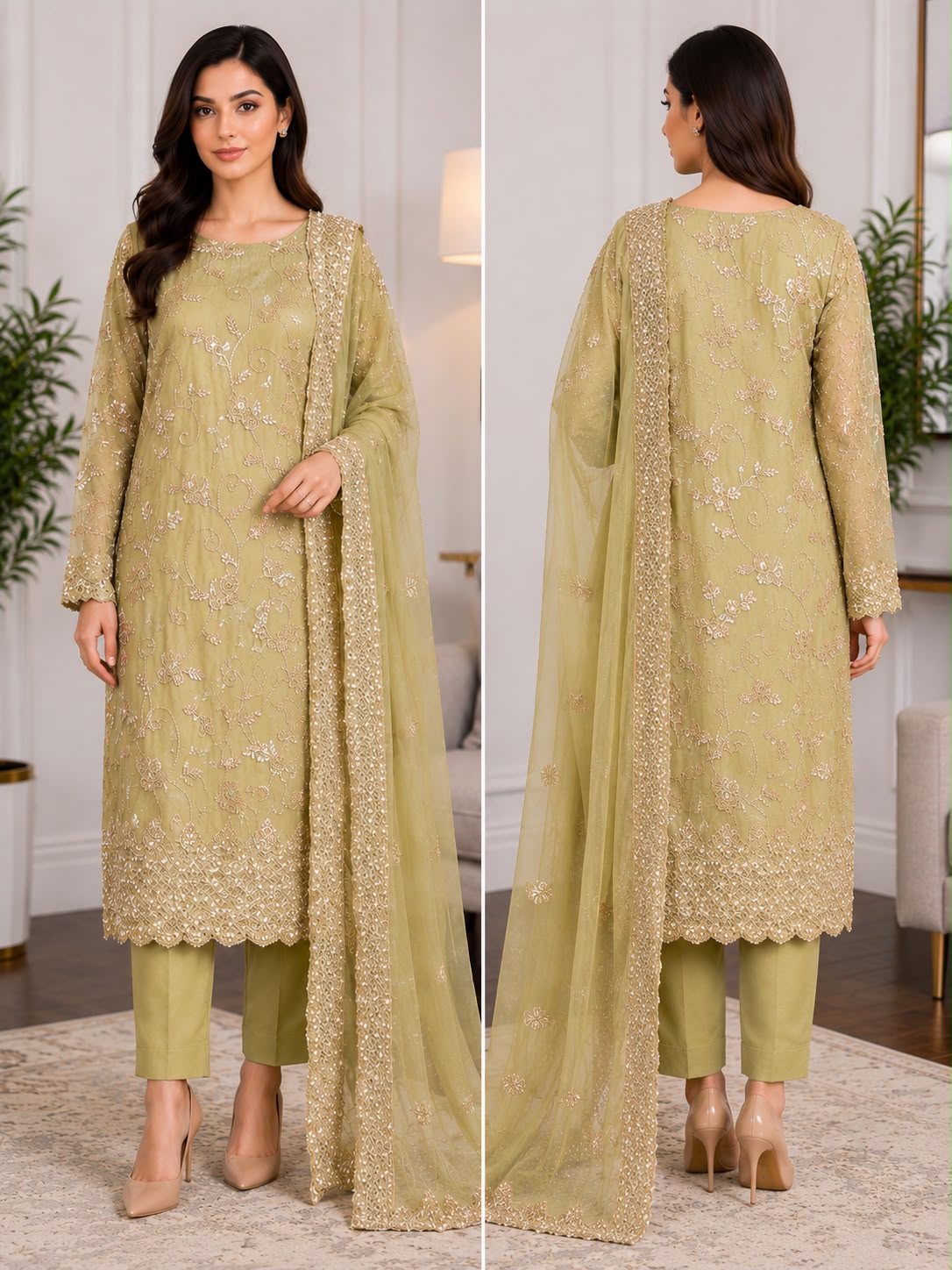 Luxury Hand-Embellished Cut Dana Festive Wear – Olive Gold 3-Piece Suit