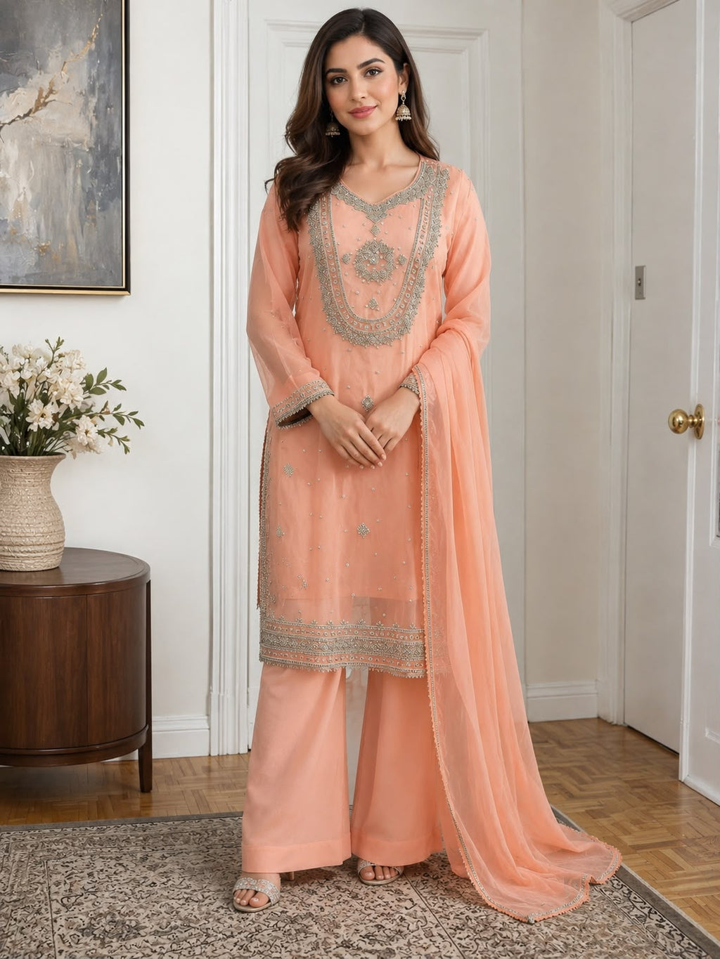 Luxury Chiffon Sequins & Beadwork Formal Wear – 3-Piece Palazzo Suit
