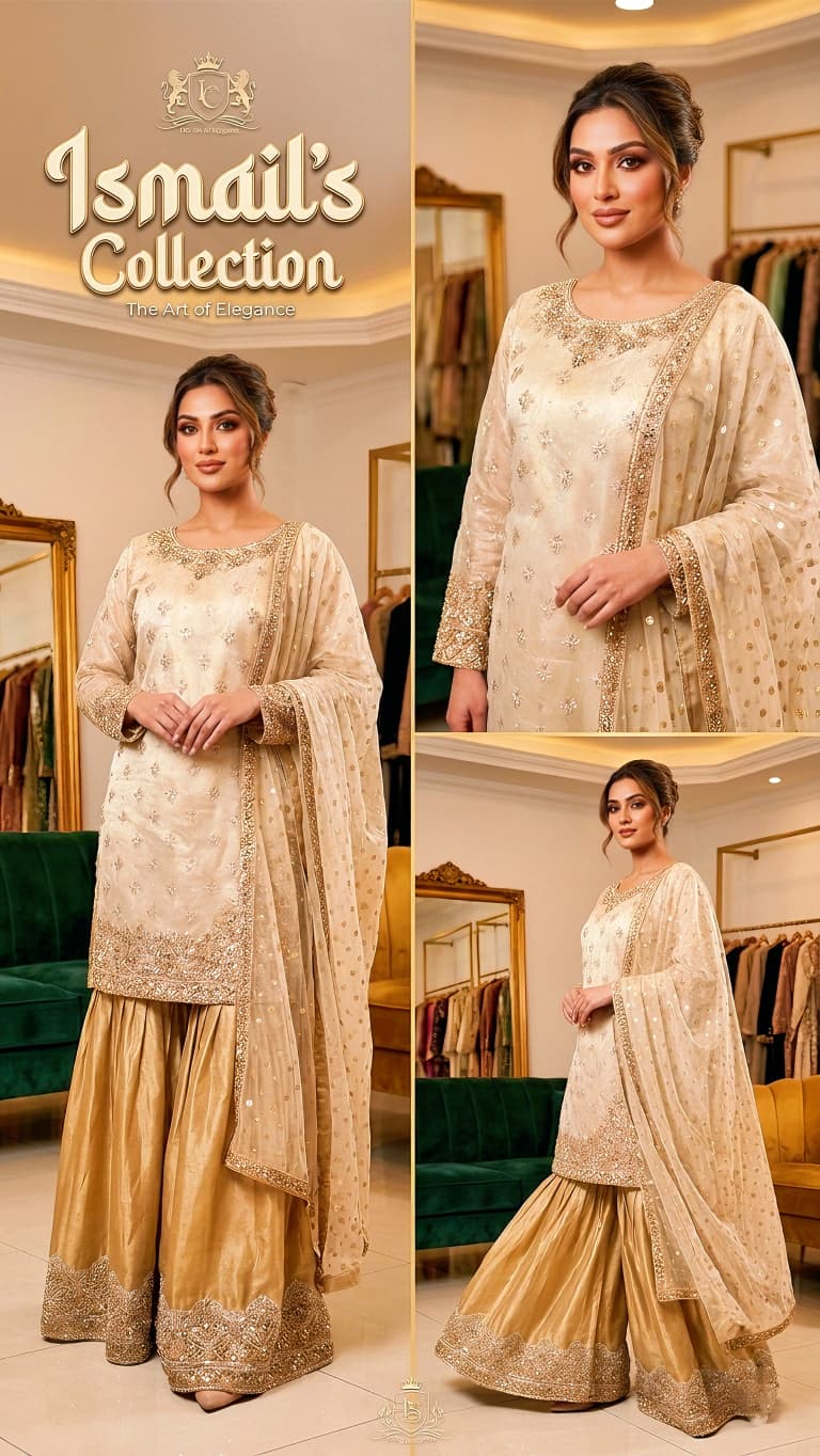 Gilded Ivory – Premium Organza Shirt & Shimmering Gold Sharara Set