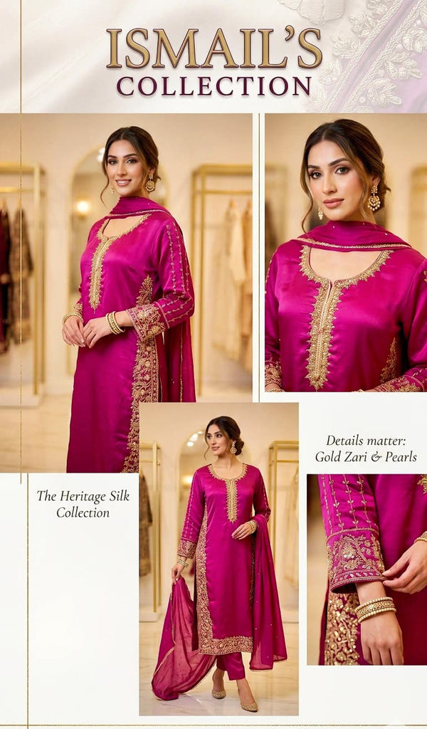 Fuchsia Radiance – Hand-Embellished Sheesha Silk Ensemble with Pearl Detailing