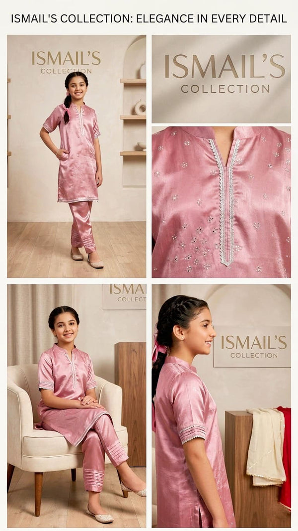 Pink Luster Junior – Handcrafted Sheesha Silk Ensemble with Silver Accents