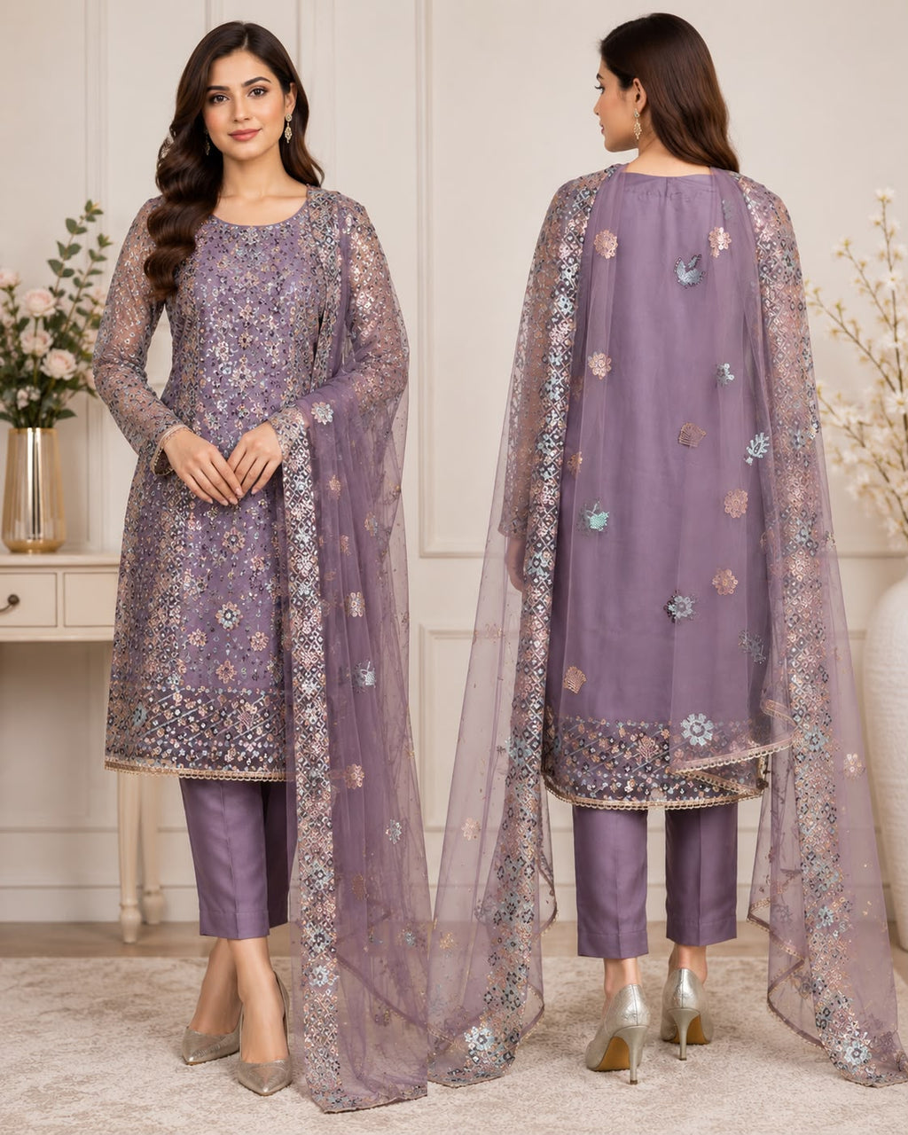 Lavender Luxury Hand-Embellished Cut Dana Festive Wear with Raw Silk Trouser